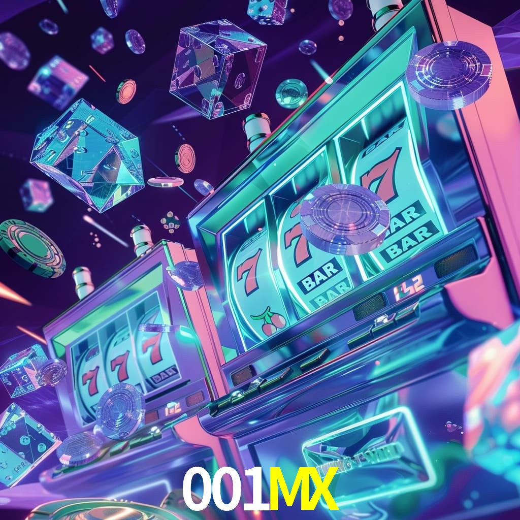 Escena dinámica inspirada en casino con iluminación 001MX, cartas, fichas e íconos de juegos digitales en un espacio moderno de juegos.