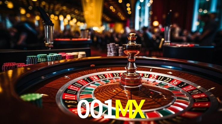 Una escena digital vívida inspirada en casino con 001MX mostrado prominentemente, luces brillantes, fichas, cartas y acentos dorados.